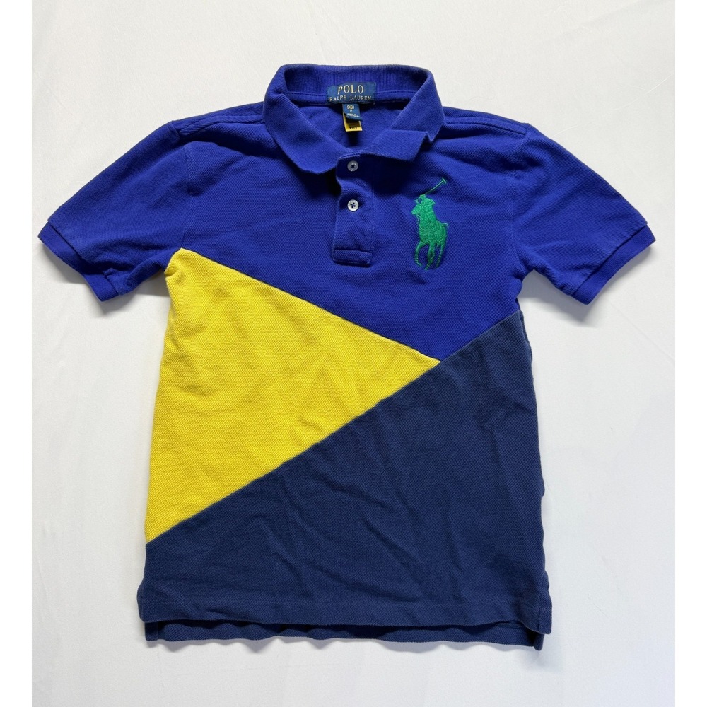 Polo Ralph‎ Lauren Polo Shirt Boys Small Blue Yellow Colorblock Pony Logo Golf